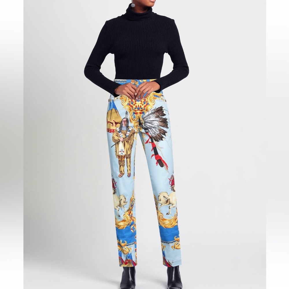 NWT VERSACE Tribute Native American 1992 printed gold Medusa stud jeans RARE